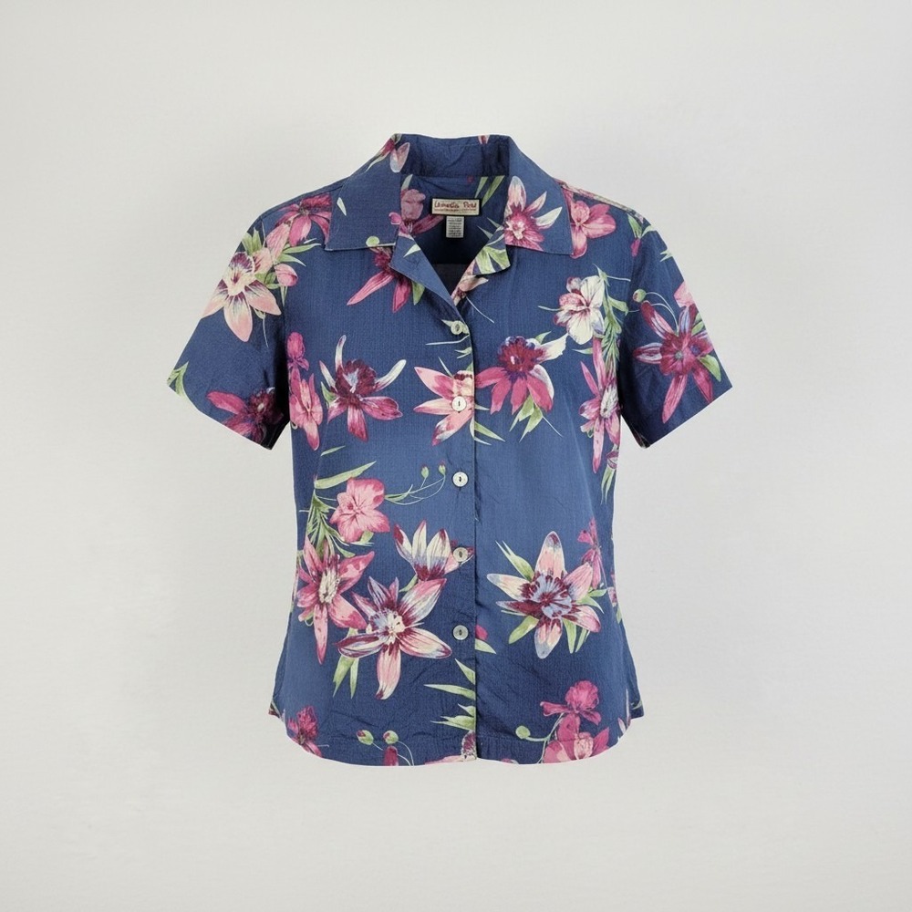Blue Floral Tropical Hawaiian Jamaica Bay Button Up Shirt Women XL Cotton Blend